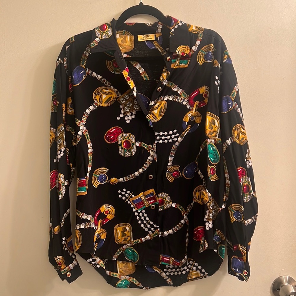 Vintage black blouse with jewel pattern and buttons